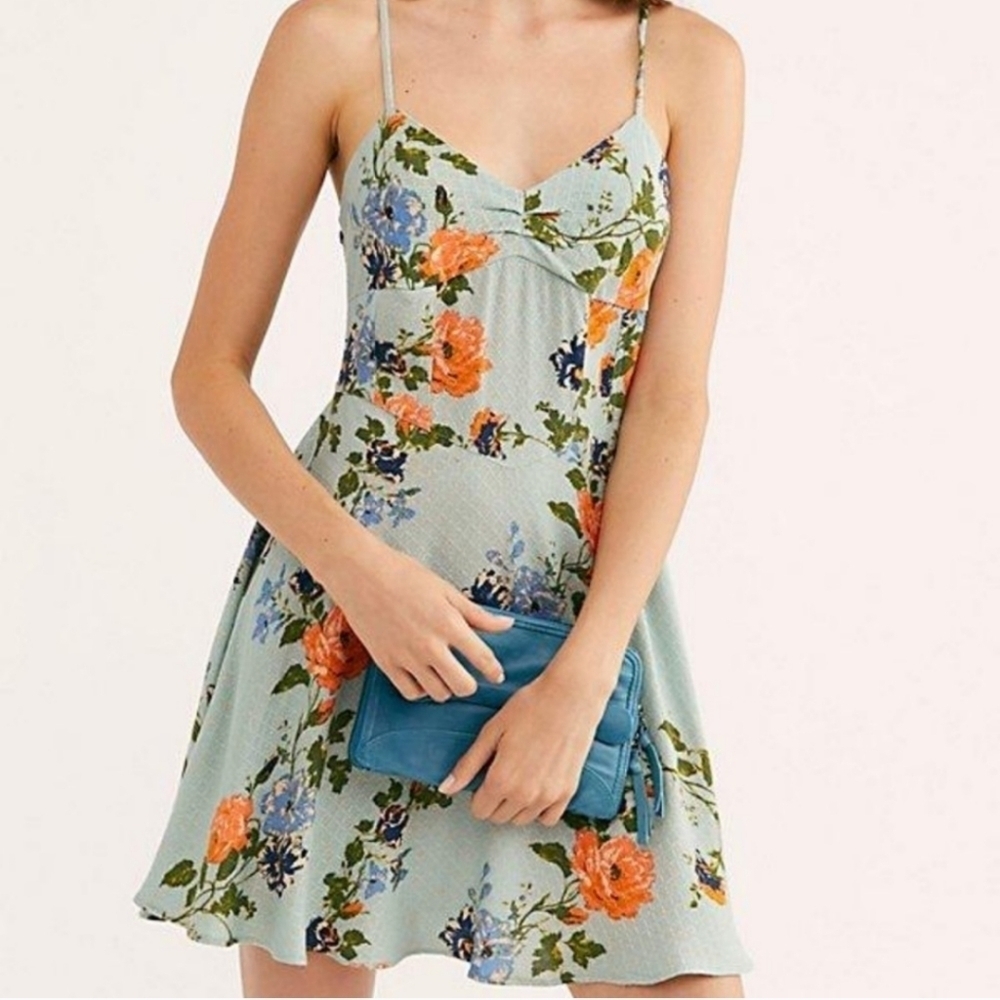 Anthropologie Free People Sweetheart Floral Mini Dress - Blue and Orange